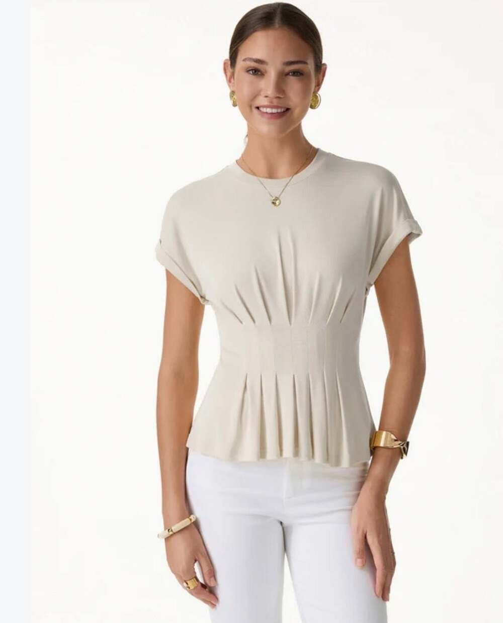 NWT OGL Womens Morning Mist Short Sleeve Pleated Waist Tunic Top Size Small S